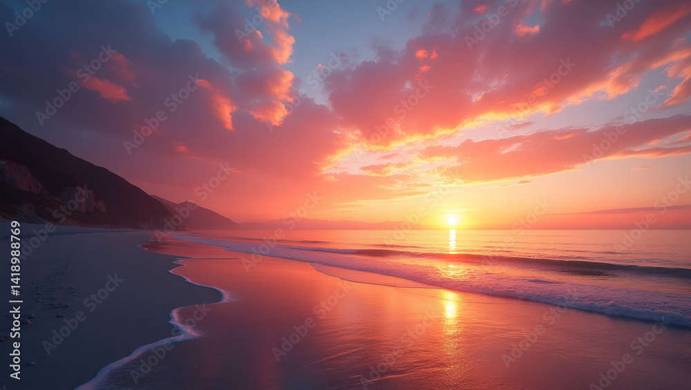 Showcasing a captivating romantic sunset with vibrant color gradients and dynamic sky compositions that evoke timeless allure and refined coastal enchantment in Photo Stock Concept and empty space Showcasing a captivating romantic sunset with vibrant color gradients and dynamic sky compositions that evoke timeless allure and refined coastal enchantment in Photo Stock Concept and empty space