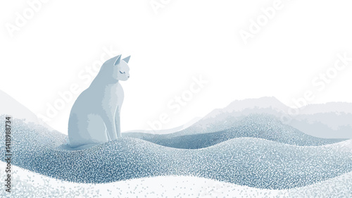 A digital illustration of a stylized white cat, perched on a soft blue-white background with gently undulating snowbanks. The cat��s form is fluid, almost sculptural.