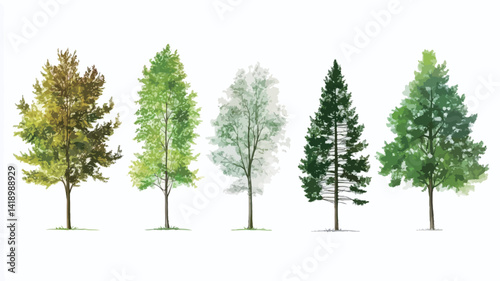 The digital illustration depicts five stylized trees set against a pure white background. Each tree's leaves show distinct seasonal changes: one tree displays autumnal shades of brown and gold.