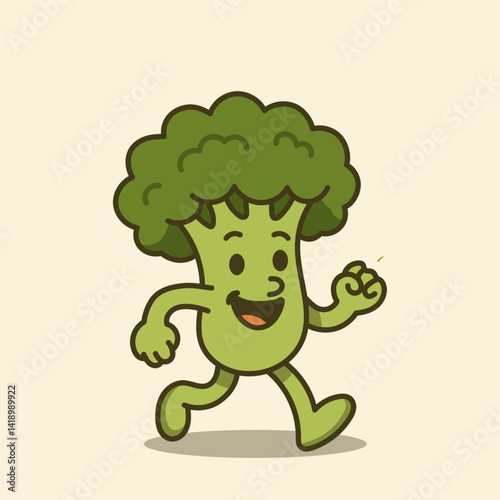 Cute running broccoli cartoon character illustration with happy face and energy