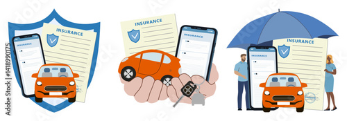 Set of car insurance illustrations. Vector illustrations in flat style. For banners, posters, booklets.