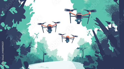 stylized digital illustration shows three drones flying against a lush forest backdrop. The color scheme is dominated by teal.