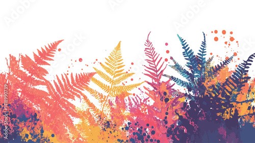 A stylized digital illustration or painting of a cluster of ferns rendered in bright rainbow colors. The colors are highly saturated and the gradient is in.