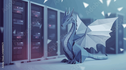 The image shows a 3D model of a gray origami dragon in the foreground, slightly illuminated. It sits in front of a row of dark metal server racks, suggesting a data center.