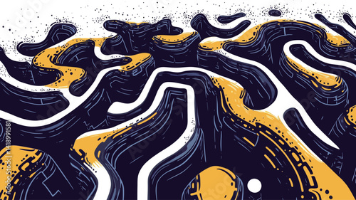 A high-resolution digital illustration featuring a dynamic composition of abstract fluid forms. The predominantly navy blue graphics are interwoven with gold and yellow to create a.