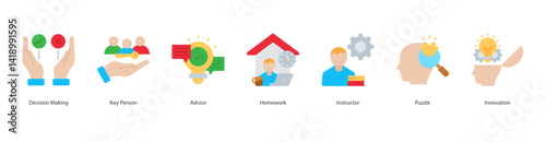 Decision Process icon sheet vector decision making, key person, advice, homework, instructor, puzzle, innovation