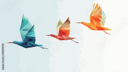 This image shows three stylized paper cranes flying against a soft light blue background. The cranes are rendered in a low polygonal style with bright colors. Each crane.
