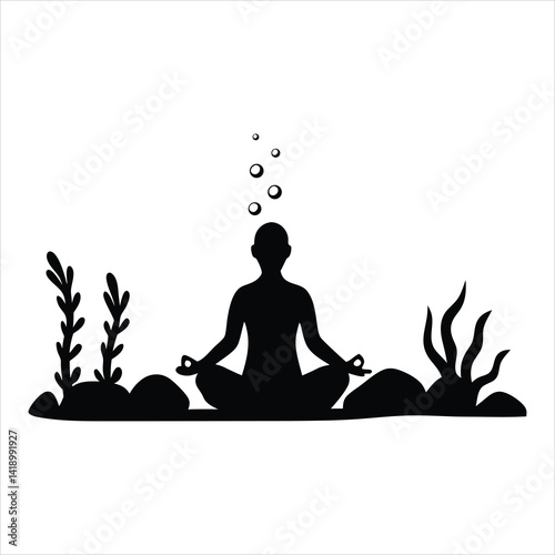 Diver meditating on seabed with yoga pose