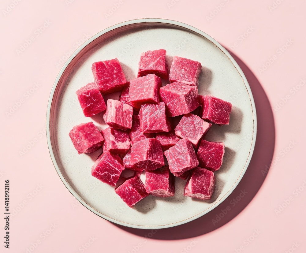 Cubed beef steak on a plate, ready for cooking Cubed beef steak on a plate, ready for cooking