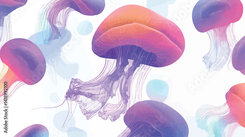 A digitally rendered image depicts multiple jellyfish in vibrant neon hues including pink, purple and orange. The jellyfish appear translucent and their bodies appear soft.