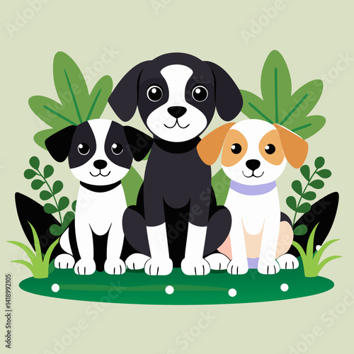 Cute Puppy Illustration with Three Dogs Sitting Together
