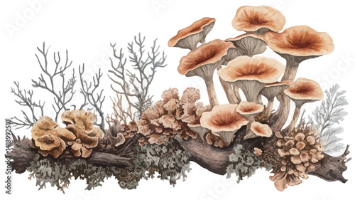 This digital illustration meticulously depicts a cluster of mushrooms and coral-like fungi growing on a decaying piece of wood. The color palette is dominated by soft earthy tones.