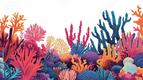 This digital illustration depicts a vibrant coral reef scene set against a pure white background. The image depicts a variety of coral forms across the spectrum in a stylized, almost painterly manner.
