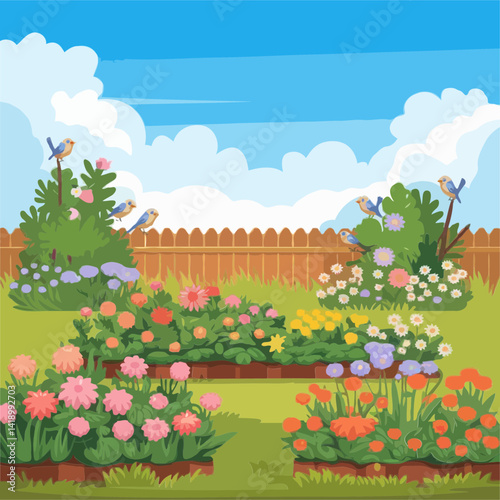 Colorful Cartoon Flower Garden in a Sunny Backyard with Birds and Wooden Fence Under Blue Sky