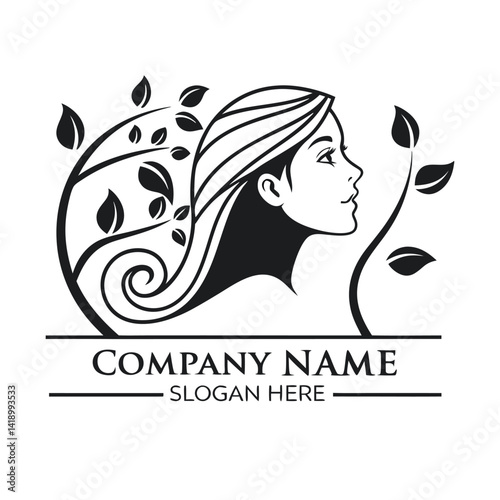 Feminine logo design with flowing hair and nature elements