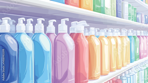 This photo shows a row of plastic bottles carefully arranged on a supermarket shelf. The bottles are mainly in pastel shades, from light blue and pink to yellow and orange.