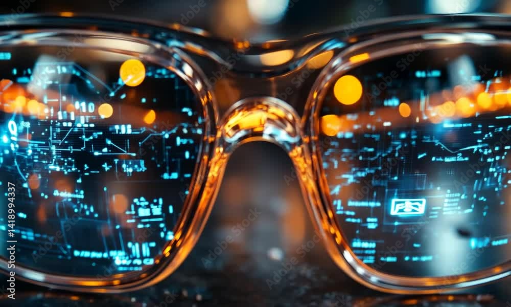 Futuristic glasses reflecting digital data and lights in a tech-inspired environment Futuristic glasses reflecting digital data and lights in a tech-inspired environment