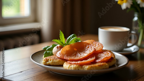 Elegant presentation capturing refined domestic indulgence featuring luxurious morning repast in stylish setting displaying tasteful culinary comfort in  Photo Stock  Concept  and empty space on the l