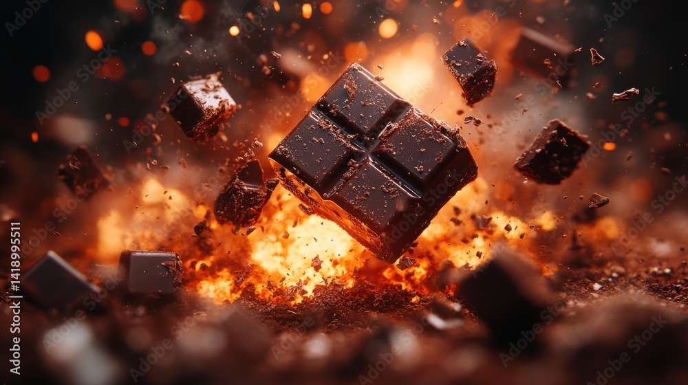 Crushed chocolate shards exploding in mid-air with dynamic movement and texture