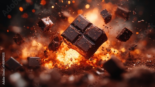 Obraz na płótnie Crushed chocolate shards exploding in mid-air with dynamic movement and texture w salonie