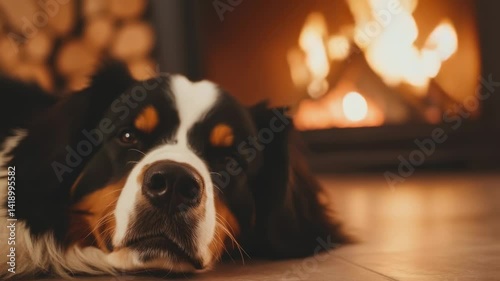 Cozy winter fireplace with relaxed bernese mountain dog resting indoors