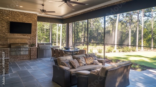 Chic outdoor space with subtle roller shades under the patio roof, blending functionality and design
