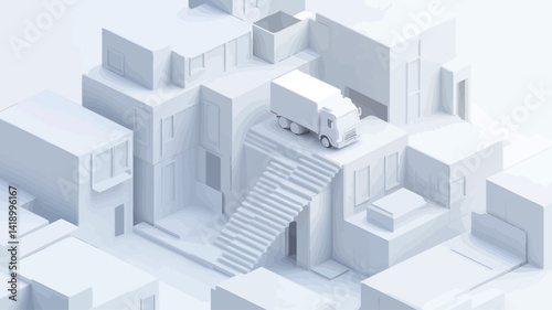 The image presents a stylized isometric view of a minimalist architectural composition rendered in monochrome white. A series of interconnected geometric shapes appear in the scene.