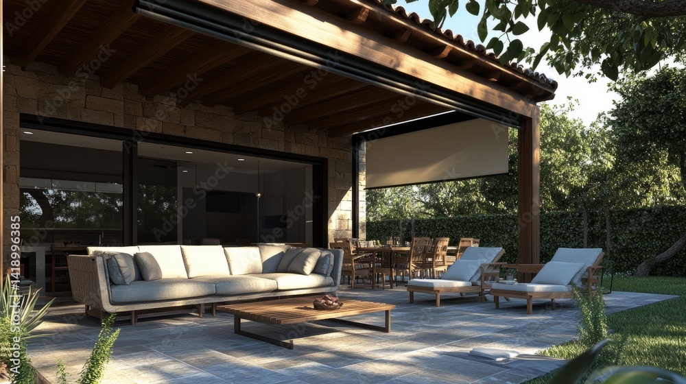 Fototapeta premium Comfortable outdoor lounge on a tiled patio with roller blinds installed discreetly under the roofline