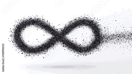 The image shows a stylized infinity symbol composed of densely packed tiny, dark grey to black particles set against a pure white background. The particles appear to be subtly dynamic.