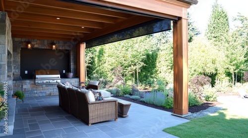 Covered patio with motorized roller blinds neatly housed under the roof edge for streamlined sun protection