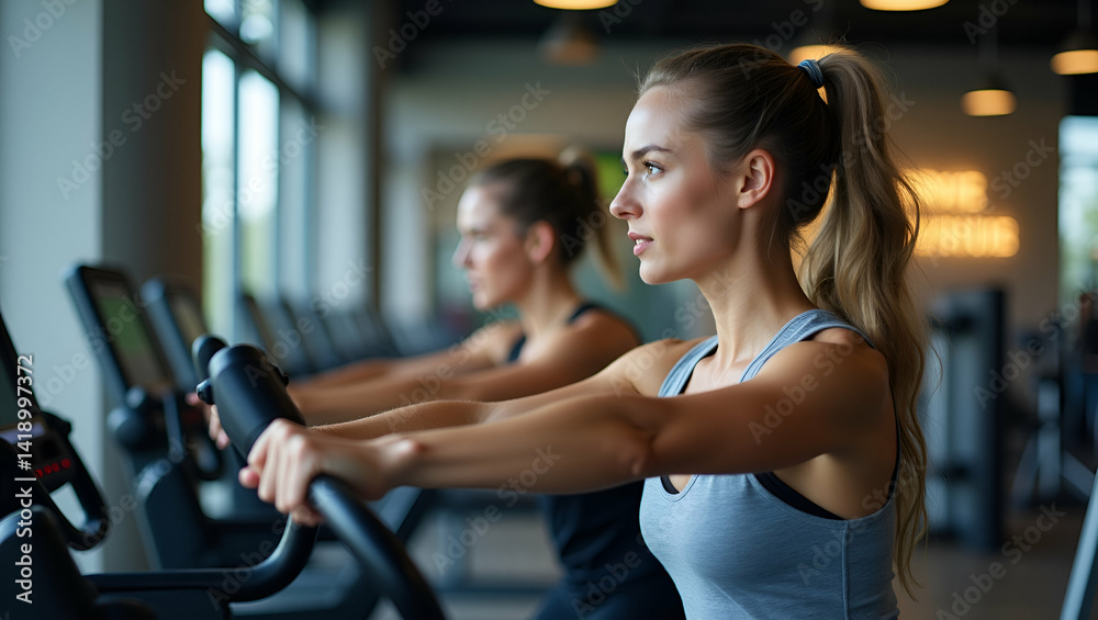 Depict energetic individuals executing high intensity fitness routines with advanced equipment in modern gym settings that inspire active wellbeing and strength in Photo Stock Concept and empty spa Depict energetic individuals executing high intensity fitness routines with advanced equipment in modern gym settings that inspire active wellbeing and strength in Photo Stock Concept and empty spa