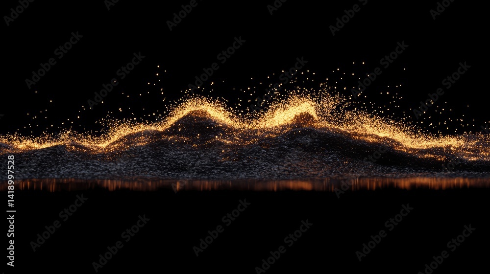 Fototapeta premium Abstract digital illustration of glowing particles forming undulating hills against a dark background.