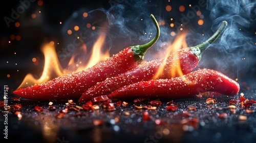 Fototapeta Naklejka Na Ścianę i Meble -  Fiery Chili Peppers ablaze in a dramatic culinary still life photography. This image captures the essence of spice and heat, perfect for food blogs, restaurants, or culinary magazines.