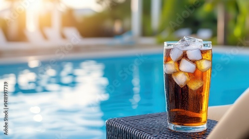Poolside cozy chair refreshing drink Chilled drink by a sunny poolside, inviting relaxation. photo