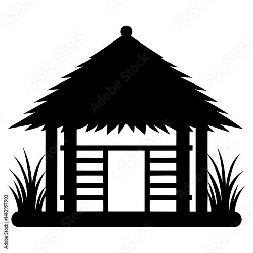 Rustic Log Cabin Black vector Silhouette Minimalist Wooden Shelter with Thatched Roof isolated on transparent background