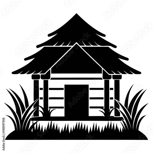 Rustic Log Cabin Black vector Silhouette Minimalist Wooden Shelter with Thatched Roof isolated on transparent background