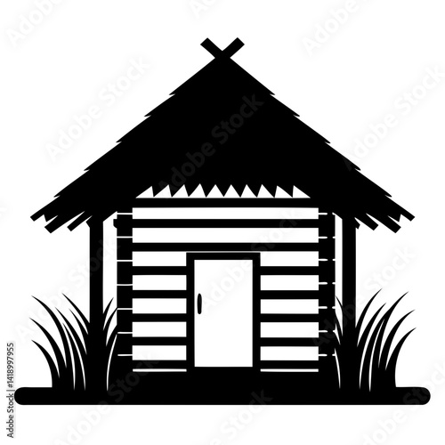 Rustic Log Cabin Black vector Silhouette Minimalist Wooden Shelter with Thatched Roof isolated on transparent background