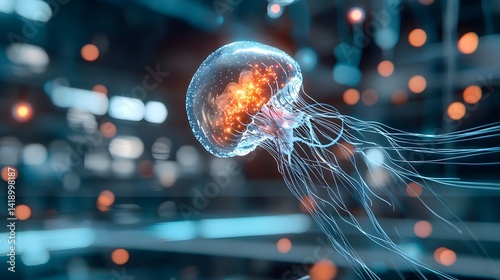 Bioluminescent jellyfish drifting effortlessly in a dark void its glowing tendrils radiating dreamy neon hues in a surreal ultra HD rendering of an otherworldly aquatic scene