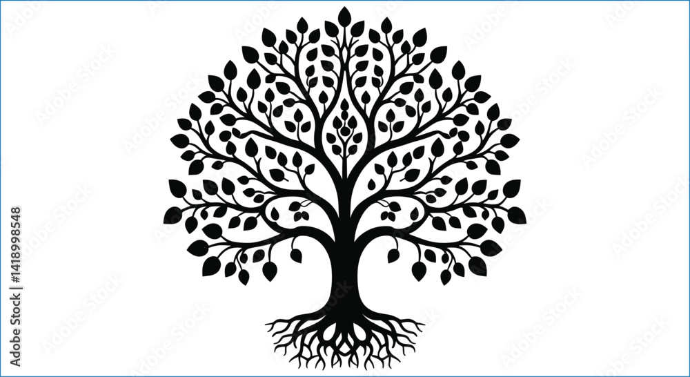 Obraz premium Silhouette Tree Vector With Leaves And Roots Isolated On White
