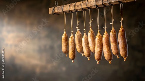Moody Prosciutto Style Meat Curing in Traditional Chamber   Close up of Artisanal Cured Meat Hanging in a Rustic Charcuterie Setting with Textured Lighting