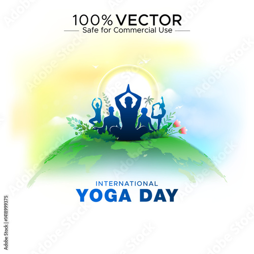 Happy Yoga Day. Group of People Stretching Body and Practicing Yoga. 2025 Yoga for One Earth, One Health Theme Design.