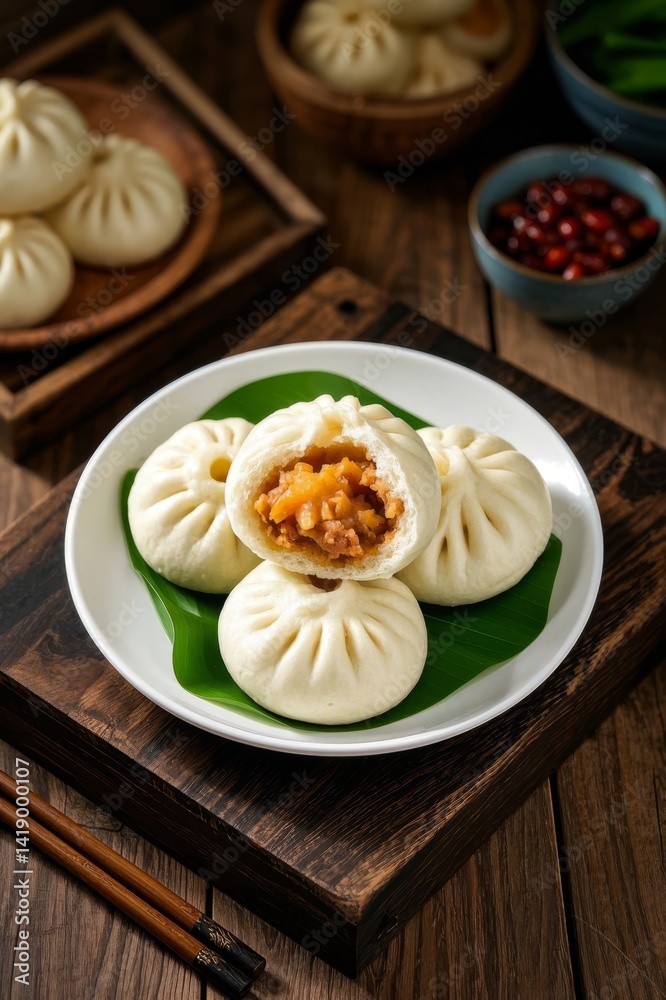 The temptation of the steaming and delicious meat buns % A Chinese traditional breakfast The temptation of the steaming and delicious meat buns % A Chinese traditional breakfast