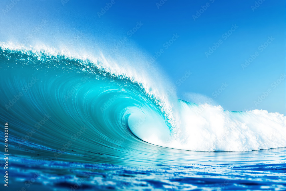 Powerful turquoise ocean wave curling in motion under bright blue sky with clear water background, symbolizing nature force and surfing sport concept.