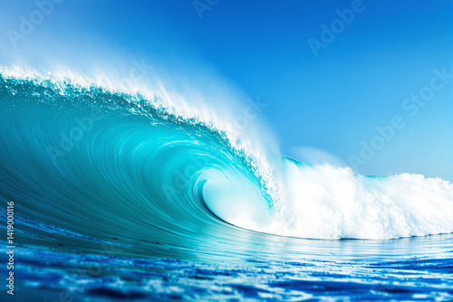 Obraz na płótnie Powerful turquoise ocean wave curling in motion under bright blue sky with clear water background, symbolizing nature force and surfing sport concept. w salonie