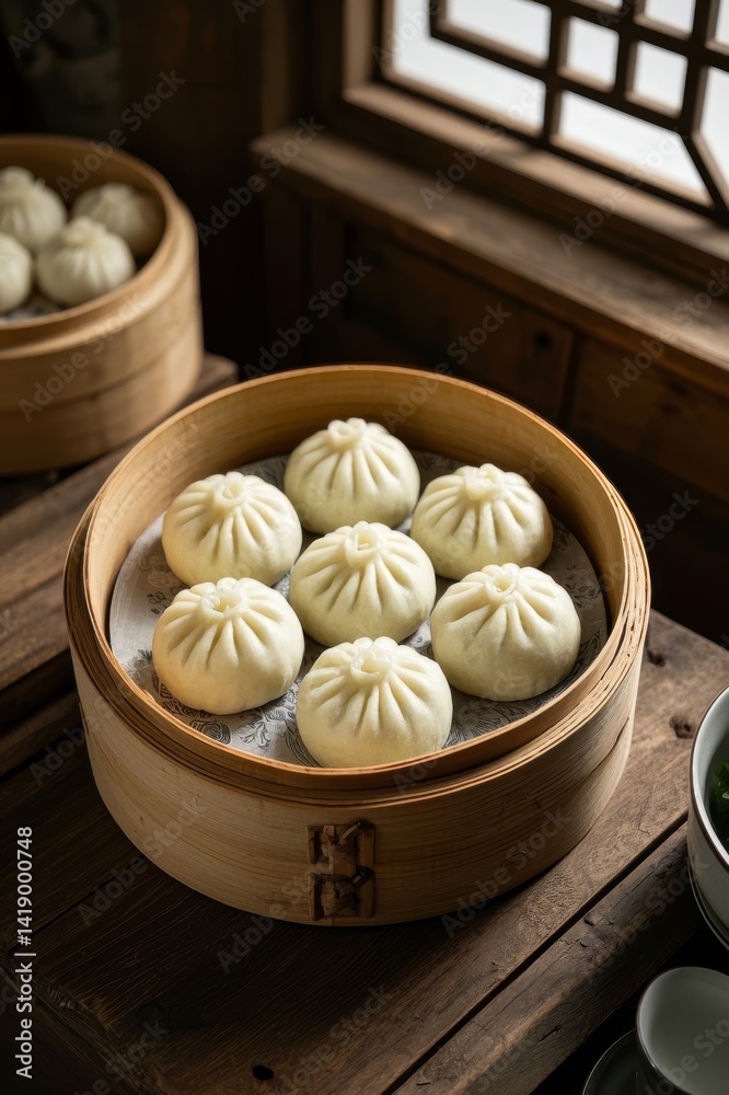 Delicious xiaolongbao in a cage drawer% A steaming traditional breakfast Delicious xiaolongbao in a cage drawer% A steaming traditional breakfast