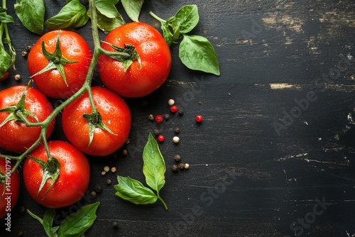 Fresh vine-ripened tomatoes, basil, and peppercorns on dark wood