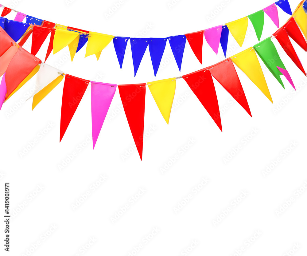 Fototapeta premium Vibrant Festive Garland Illustration, A Colorful Display of Celebration with Triangular Flags for Parties and Events, Symbolizing Joy and Excitement