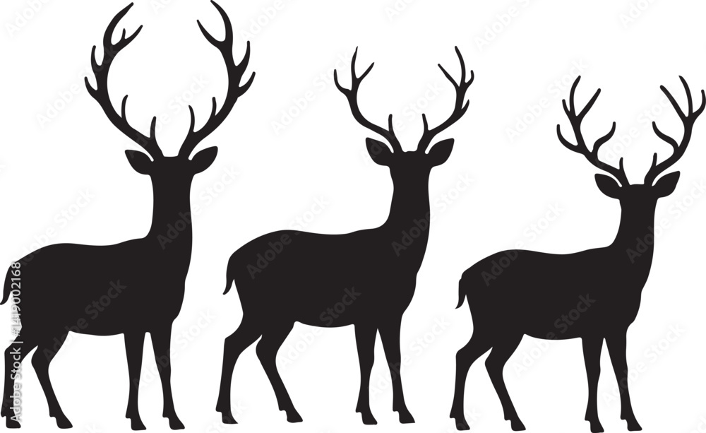 Naklejka premium Deer silhouettes set vector collection, black roe deer silhouette icon bundle