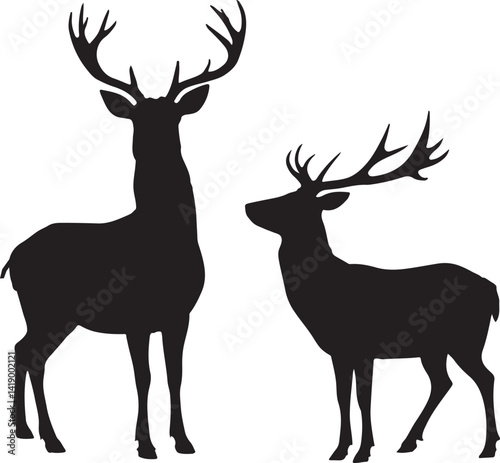 Deer silhouettes set vector collection, black roe deer silhouette icon bundle