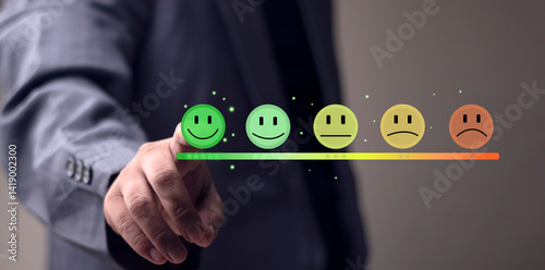 Customer service satisfaction concept. Businessman is pressing smiley emoticon on virtual touch screen. Customer service evaluation concept. Service, Concept, Reputation, Happy, Survey.